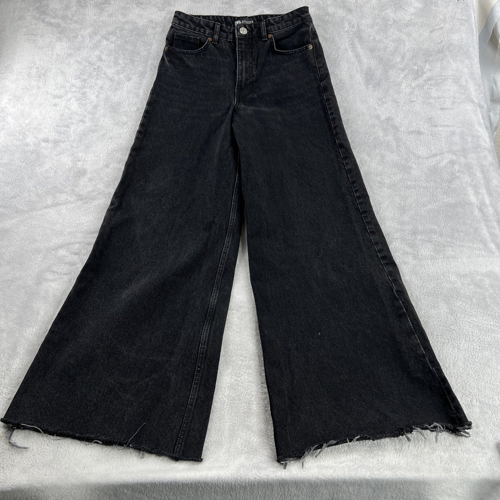 Zara High Rise Wide Leg Jeans Womens 4 Black Raw Hem Baggy Flare Denim Pants
